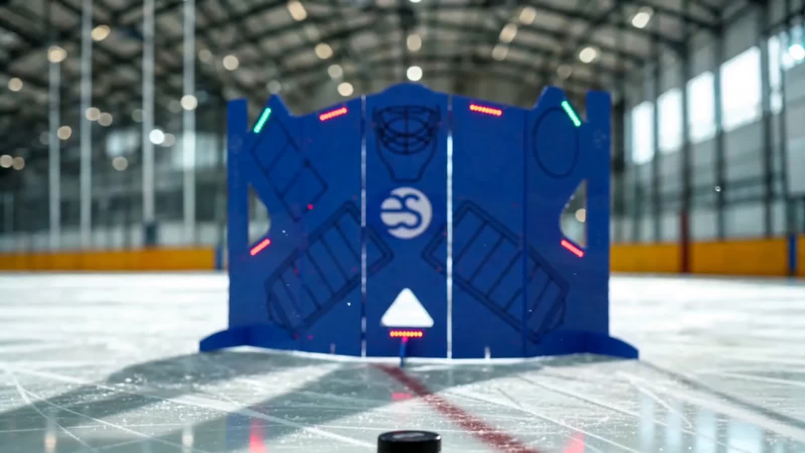 Shooter Tutor Pro illuminé dans le filet sur une glace d'aréna